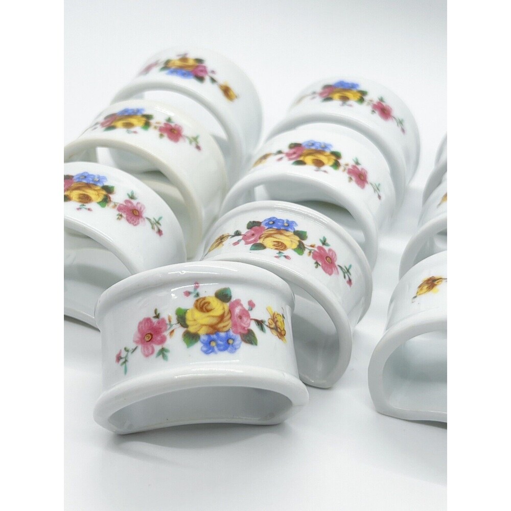 Vintage Somerset Porcelain white napkin rings with floral design set of 10